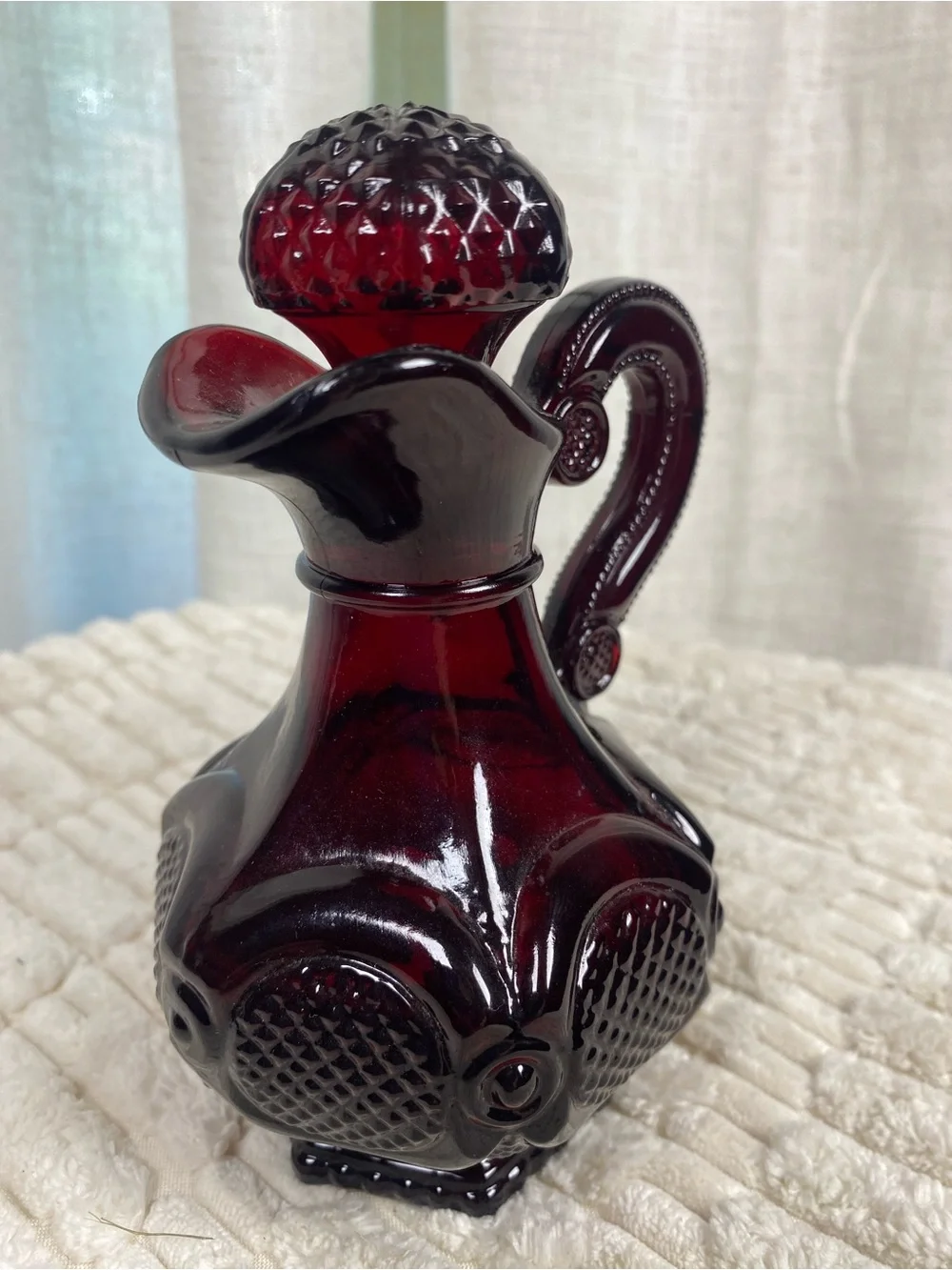 Vintage Avon 1876 Cape Cod Ruby Red Glass Cruet Decanter - Full w/ Original Oil